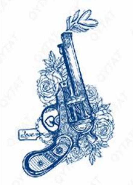Tatouage de revolver love et fleurs - Passion dangereuse et femme rebelle