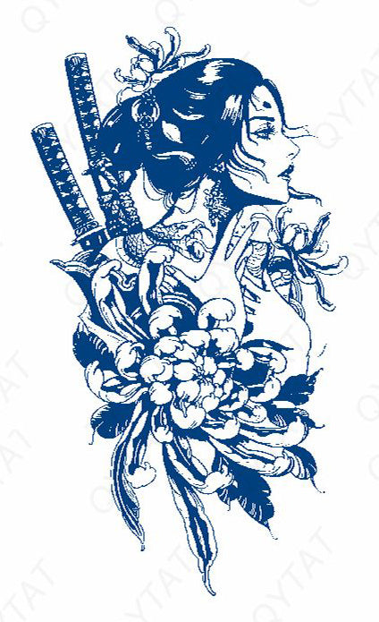 Tattoo au jagua - Femme katana et évantail