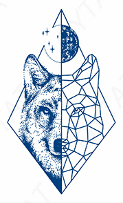 Jagua tattoo de tête de loup et symboles universels - Intuition et liberté