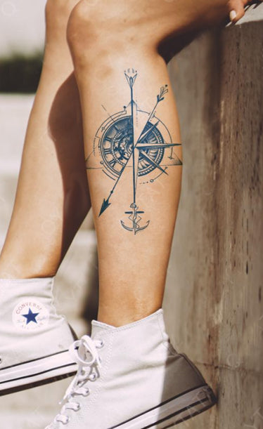 Tatouages au jagua de flêche avec horloge et ancre - Direction et équilibre