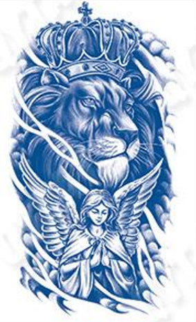 Tattoo au jagua tête de lion couronné et Ange - Puissance divine et protection céleste