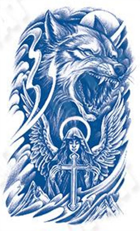 Tatouage tête de Loup Lune Ange et croix - Équilibre détermination et sagesse