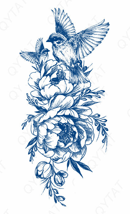 Tatouage d'oiseaux dans des roses - Légèreté fraicheur et douceur