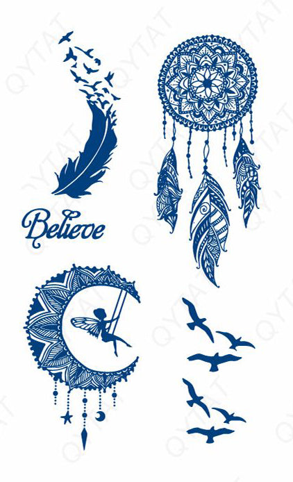 Tattoo au jagua pack 4 modèles - plume aux oiseaux et attrape rêve